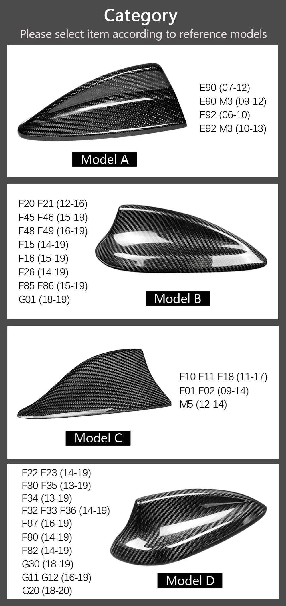 Real Carbon Fiber Shark Fin For BMW F15 F22 F30 F34 F80 F87 F32 F36 F82 G11 G20 G12 G30